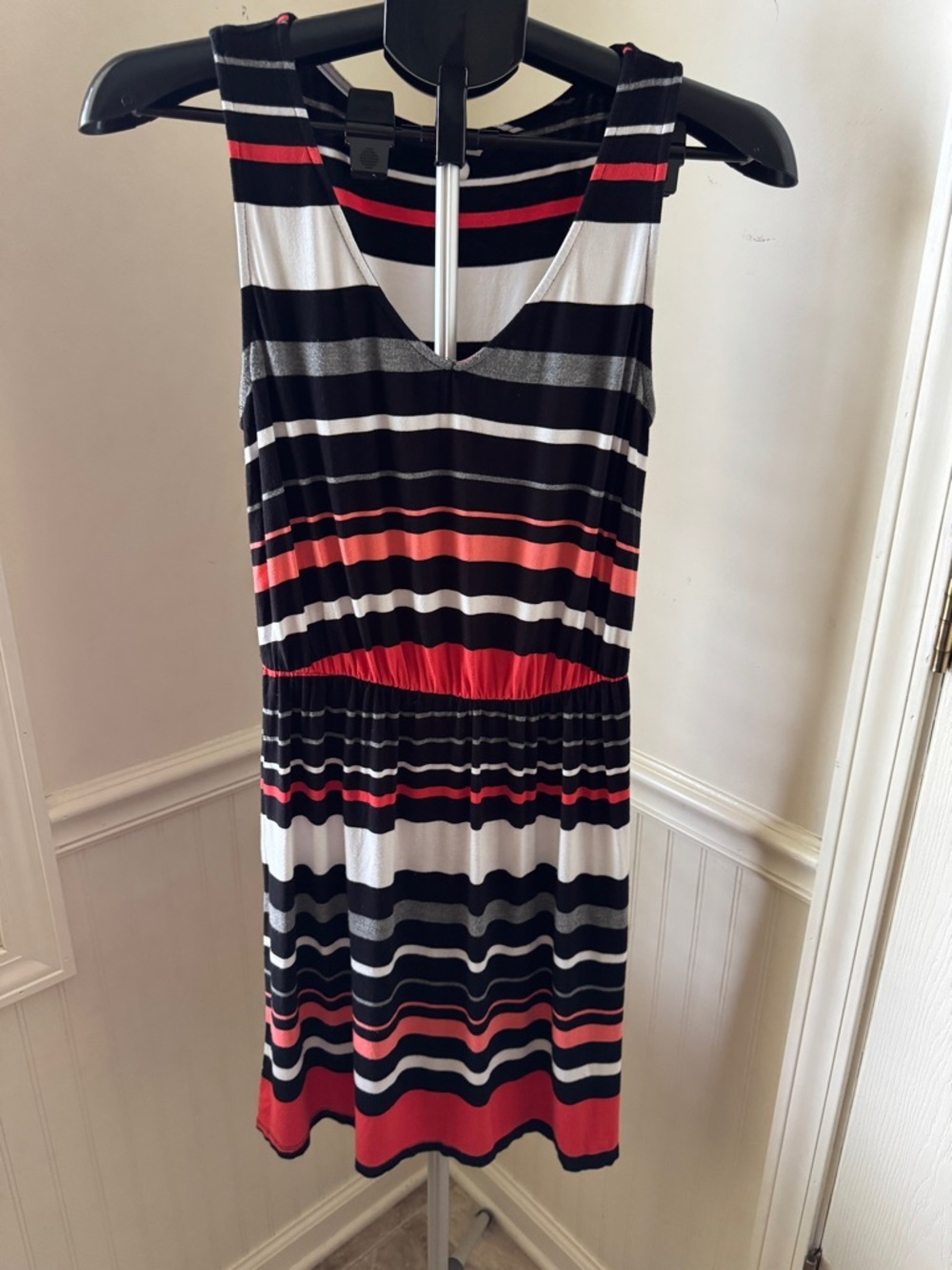 Medina Striped Sleeveless Dress - Black, White, Coral, and Gray Size Small
